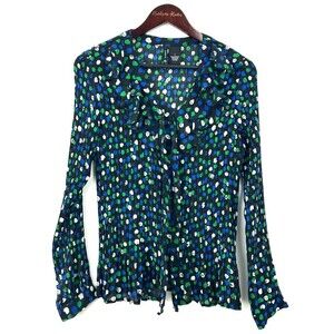 New Directions Blouse Womens L Black Polka Dot Tie Neck Pleated Crinkle 1144E4